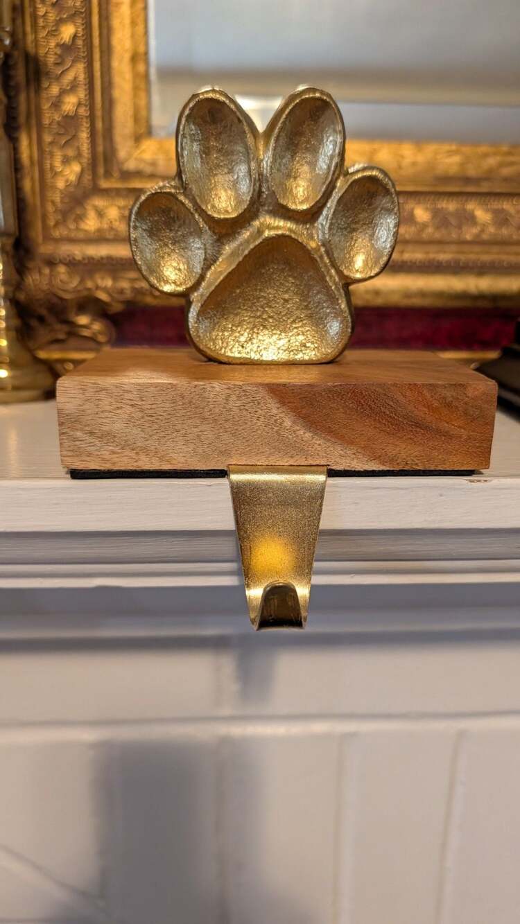 Gold Paw Stocking Holder with Wooden Base Holiday Decor